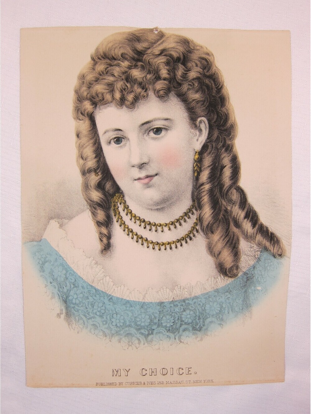 Antique Currier & Ives My Choice Beautiful Girl Hand Colored Lithograph 12 x 9